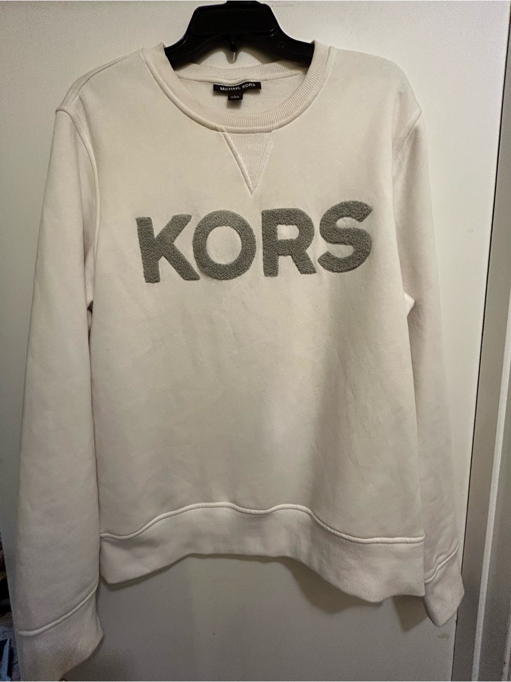 Michael Kors Women’s Off White Sweatshirt with Gray KORS Raised Logo, Sz L